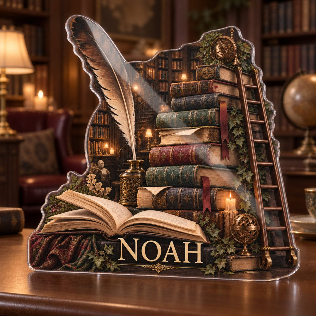 Personalized Dark Academia Library Reading Nook Decor custom shape acrylic plaque with an example name set into the artwork, digital preview