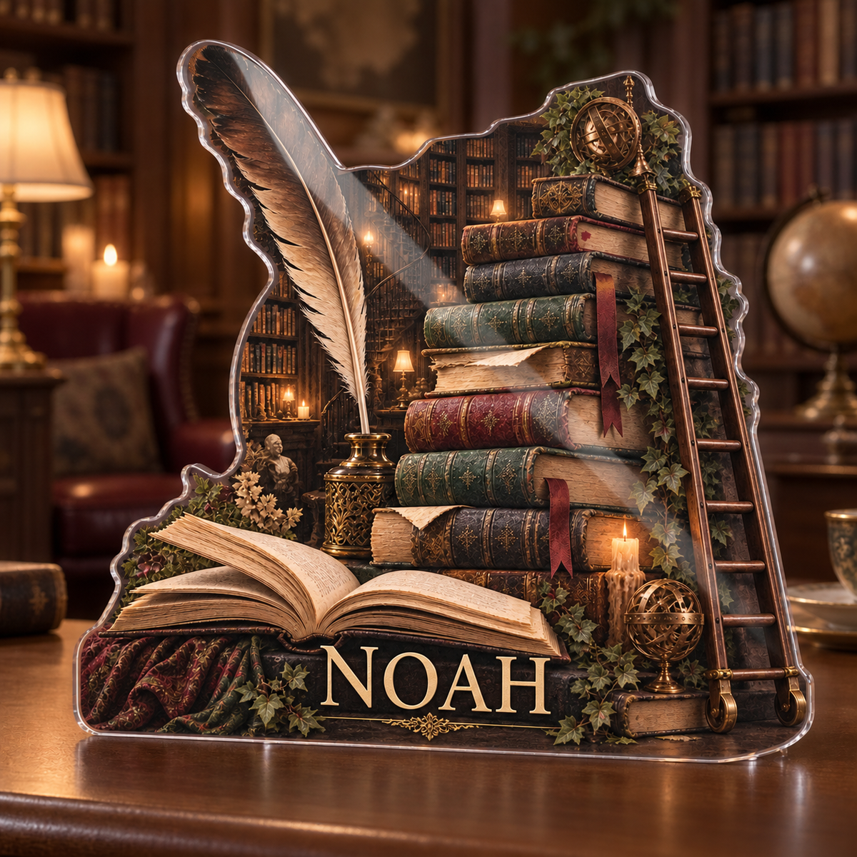 Artwork visualization: Dark academia library — reading nook decor, personalized NOAH, subject-shaped acrylic with printed optical 3D depth; not carved relief.