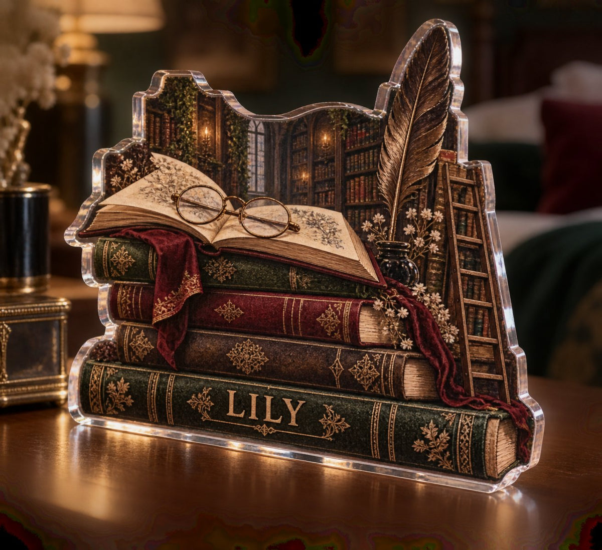 Personalized Dark Academia Library Bedroom Statement Decor custom shape acrylic plaque with an example name set into the artwork, digital preview