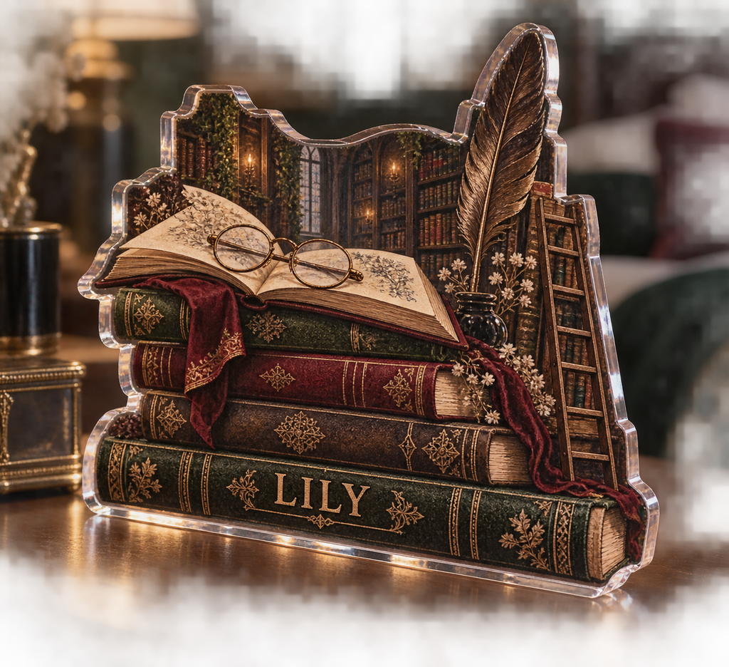 Artwork visualization: Dark academia library — bedroom statement decor, personalized LILY, subject-shaped acrylic with printed optical 3D depth; not carved relief.
