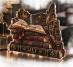Artwork visualization: Dark academia library — bedroom statement decor, personalized LILY, subject-shaped acrylic with printed optical 3D depth; not carved relief.