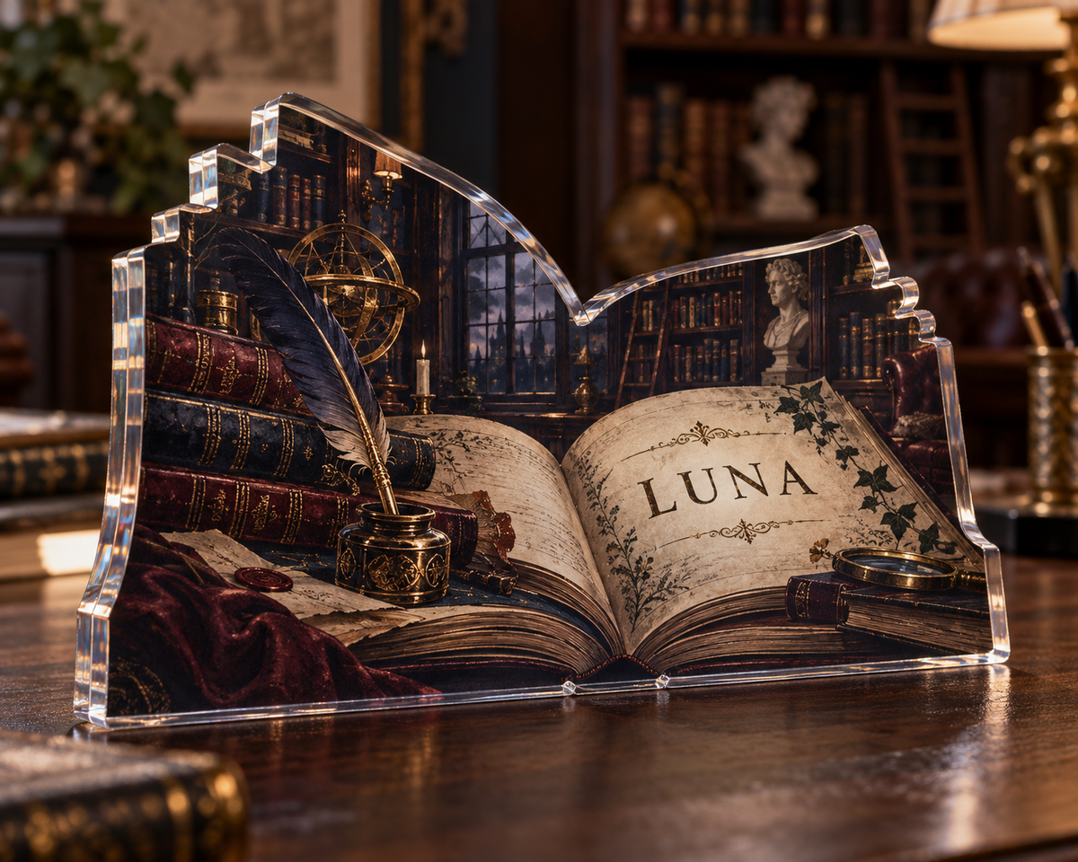 Artwork visualization: Dark academia library — home office backdrop, personalized LUNA, subject-shaped acrylic with printed optical 3D depth; not carved relief.