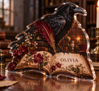 Artwork visualization: Dark academia library — personalized housewarming, personalized OLIVIA, subject-shaped acrylic with printed optical 3D depth; not carved relief.