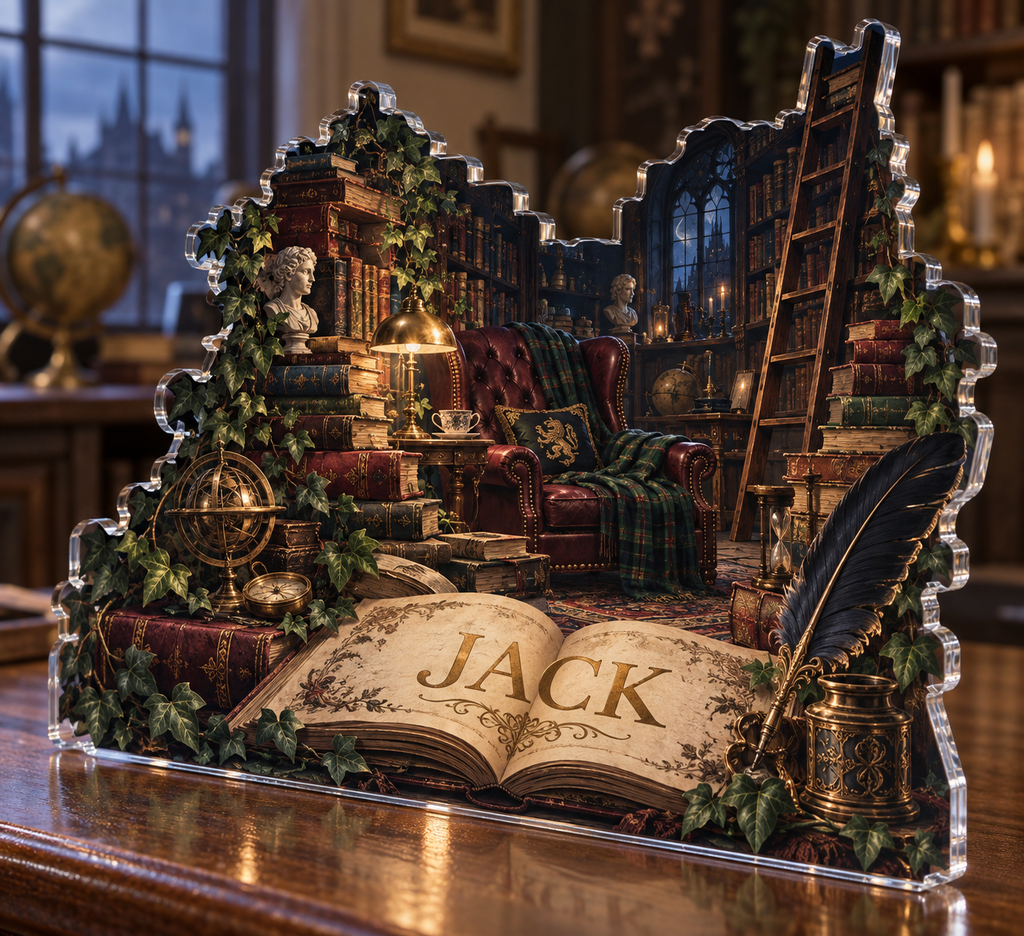 Artwork visualization: Dark academia library — quiet corner decoration, personalized JACK, subject-shaped acrylic with printed optical 3D depth; not carved relief.