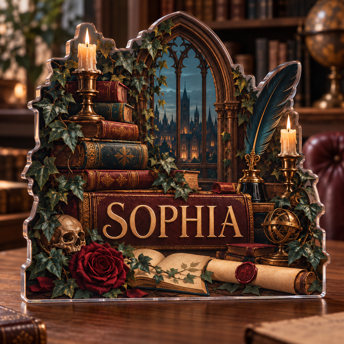 Artwork visualization: Dark academia library — apartment gallery wall, personalized SOPHIA, subject-shaped acrylic with printed optical 3D depth; not carved relief.