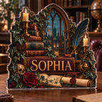 Artwork visualization: Dark academia library — apartment gallery wall, personalized SOPHIA, subject-shaped acrylic with printed optical 3D depth; not carved relief.