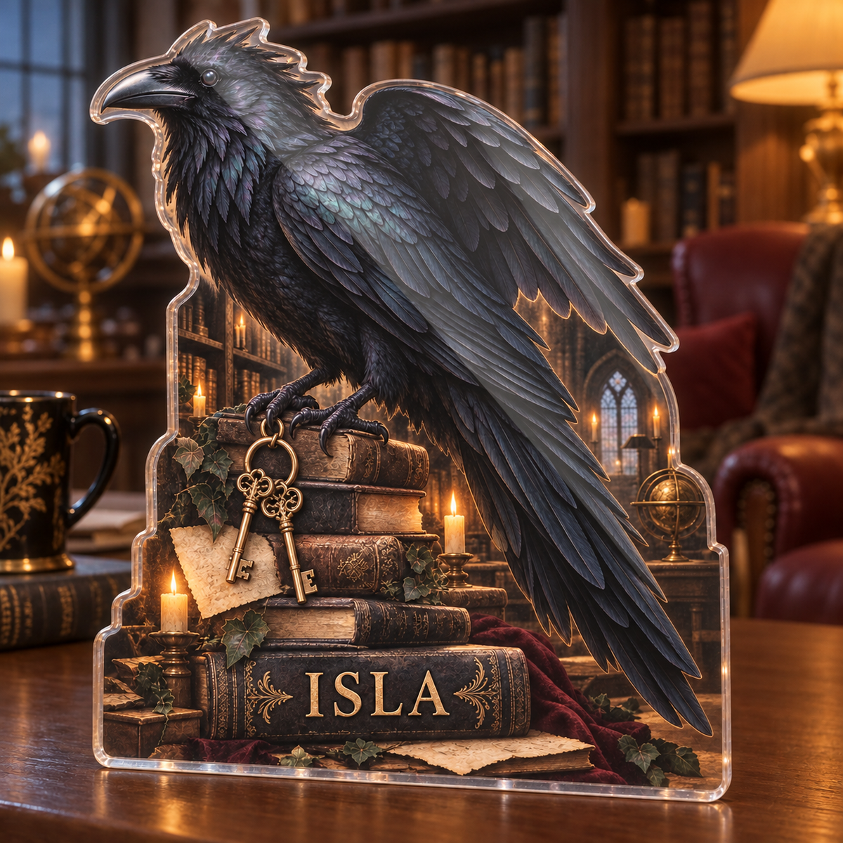 Artwork visualization: Raven books and keys — reading nook decor, personalized ISLA, subject-shaped acrylic with printed optical 3D depth; not carved relief.