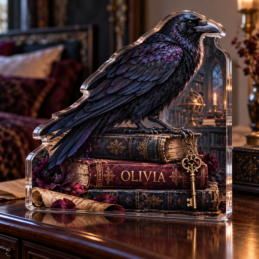 Artwork visualization: Raven books and keys — bedroom statement decor, personalized OLIVIA, subject-shaped acrylic with printed optical 3D depth; not carved relief.