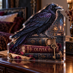 Artwork visualization: Raven books and keys — bedroom statement decor, personalized OLIVIA, subject-shaped acrylic with printed optical 3D depth; not carved relief.