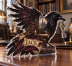 Artwork visualization: Raven books and keys — home office backdrop, personalized JACK, subject-shaped acrylic with printed optical 3D depth; not carved relief.