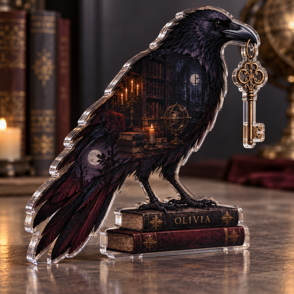 Artwork visualization: Raven books and keys — personalized housewarming, personalized OLIVIA, subject-shaped acrylic with printed optical 3D depth; not carved relief.