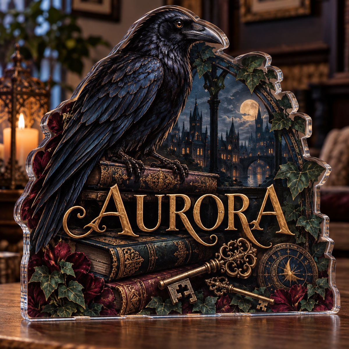 Artwork visualization: Raven books and keys — apartment gallery wall, personalized AURORA, subject-shaped acrylic with printed optical 3D depth; not carved relief.