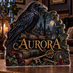 Artwork visualization: Raven books and keys — apartment gallery wall, personalized AURORA, subject-shaped acrylic with printed optical 3D depth; not carved relief.