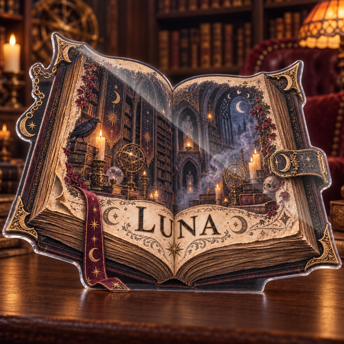 Artwork visualization: Gothic grimoire — reading nook decor, personalized LUNA, subject-shaped acrylic with printed optical 3D depth; not carved relief.