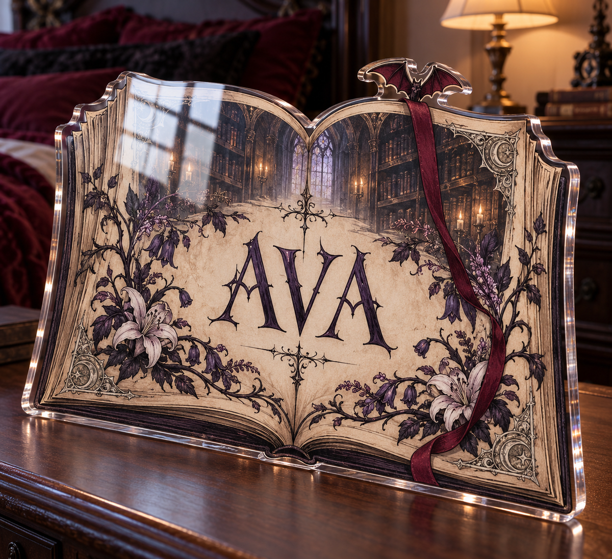Artwork visualization: Gothic grimoire — bedroom statement decor, personalized AVA, subject-shaped acrylic with printed optical 3D depth; not carved relief.