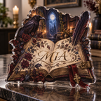 Artwork visualization: Gothic grimoire — personalized housewarming, personalized MIA, subject-shaped acrylic with printed optical 3D depth; not carved relief.