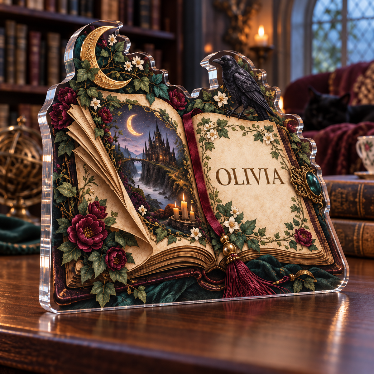 Artwork visualization: Gothic grimoire — quiet corner decoration, personalized OLIVIA, subject-shaped acrylic with printed optical 3D depth; not carved relief.
