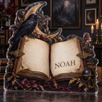 Artwork visualization: Gothic grimoire — apartment gallery wall, personalized NOAH, subject-shaped acrylic with printed optical 3D depth; not carved relief.