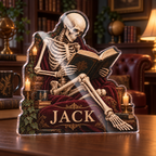 Artwork visualization: Skeleton reading — reading nook decor, personalized JACK, subject-shaped acrylic with printed optical 3D depth; not carved relief.