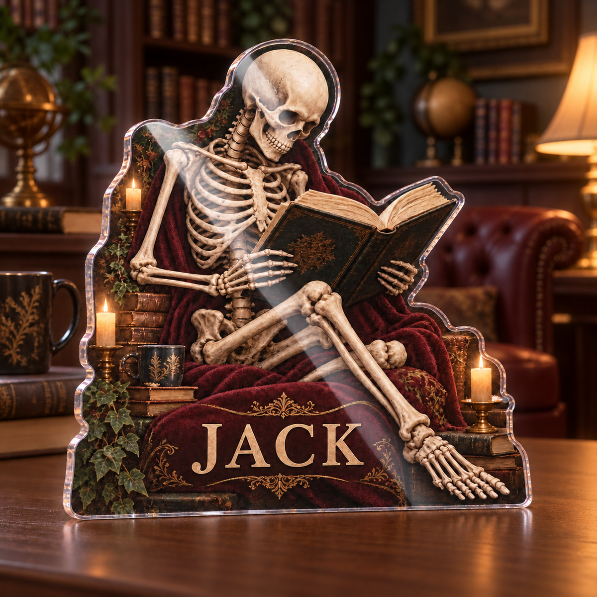 Artwork visualization: Skeleton reading — reading nook decor, personalized JACK, subject-shaped acrylic with printed optical 3D depth; not carved relief.
