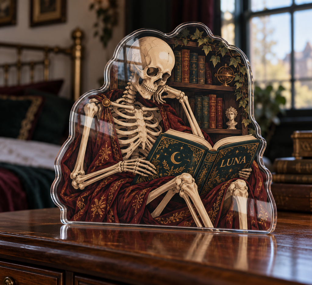 Artwork visualization: Skeleton reading — bedroom statement decor, personalized LUNA, subject-shaped acrylic with printed optical 3D depth; not carved relief.