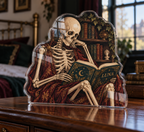 Artwork visualization: Skeleton reading — bedroom statement decor, personalized LUNA, subject-shaped acrylic with printed optical 3D depth; not carved relief.