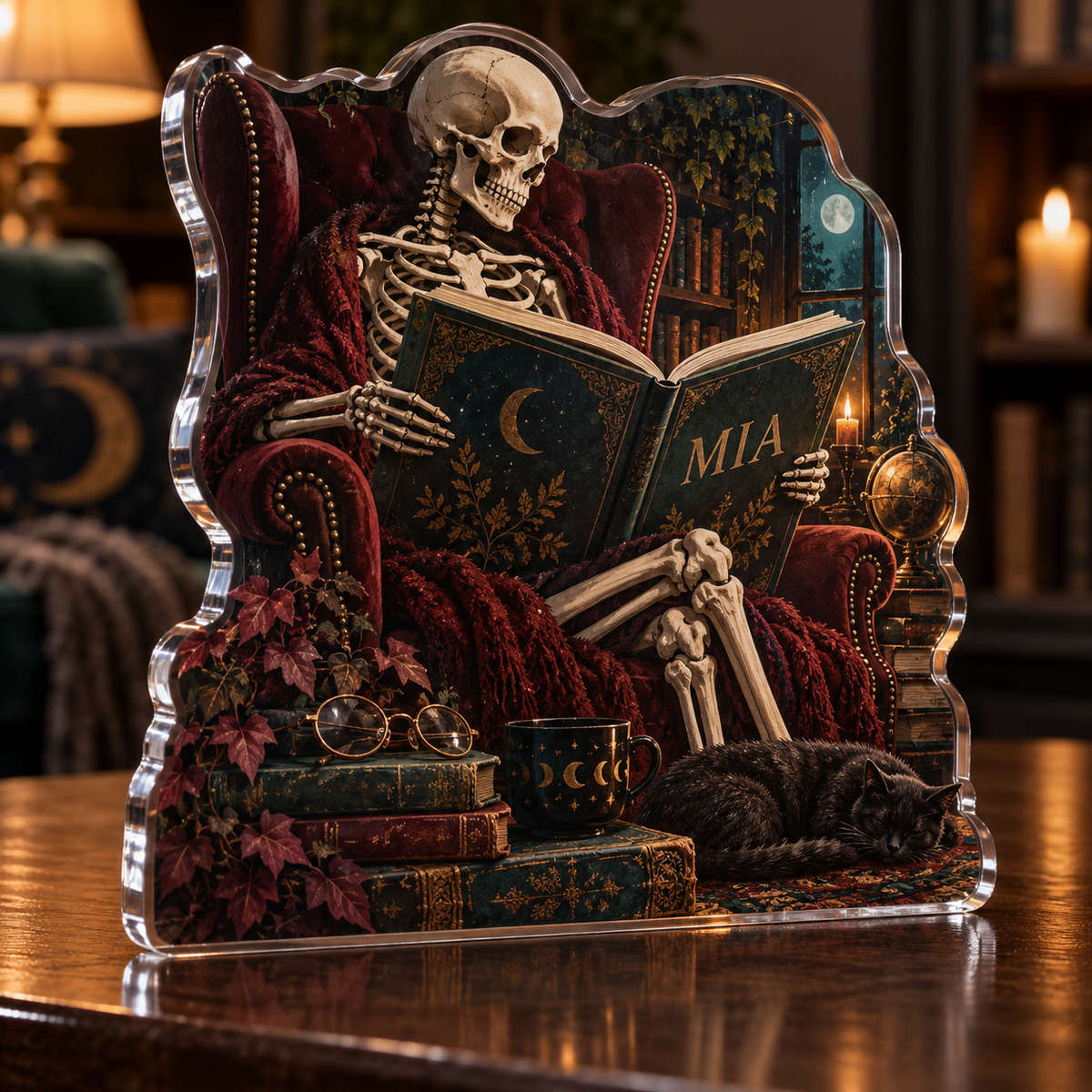 Artwork visualization: Skeleton reading — personalized housewarming, personalized MIA, subject-shaped acrylic with printed optical 3D depth; not carved relief.