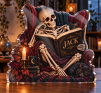 Artwork visualization: Skeleton reading — quiet corner decoration, personalized JACK, subject-shaped acrylic with printed optical 3D depth; not carved relief.