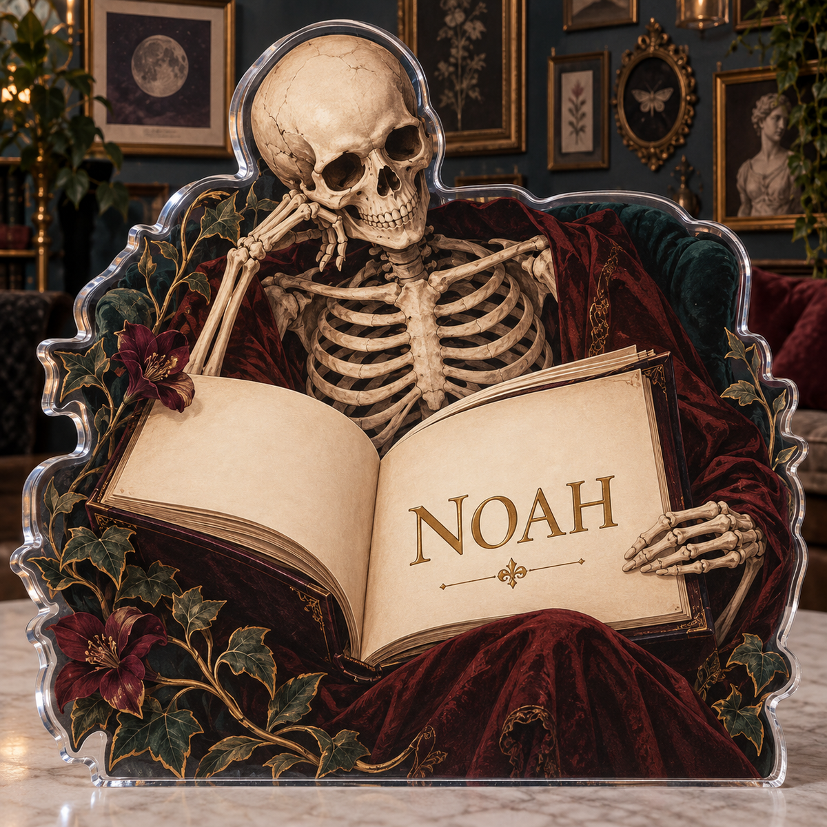Artwork visualization: Skeleton reading — apartment gallery wall, personalized NOAH, subject-shaped acrylic with printed optical 3D depth; not carved relief.