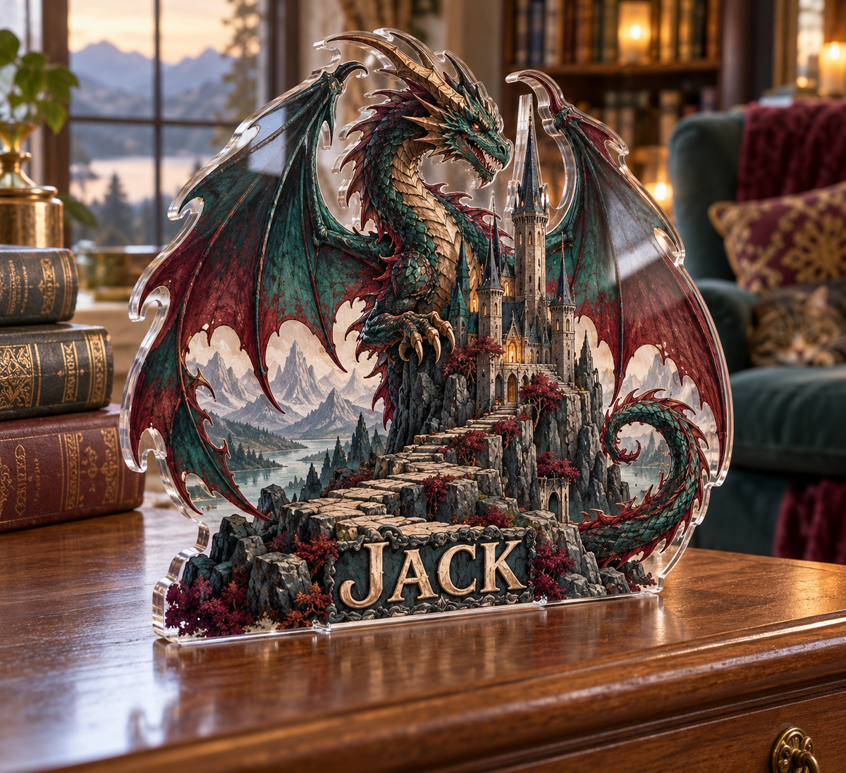 Artwork visualization: Dragon castle — reading nook decor, personalized JACK, subject-shaped acrylic with printed optical 3D depth; not carved relief.