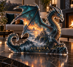 Artwork visualization: Dragon castle — living room focal point, personalized AURORA, subject-shaped acrylic with printed optical 3D depth; not carved relief.