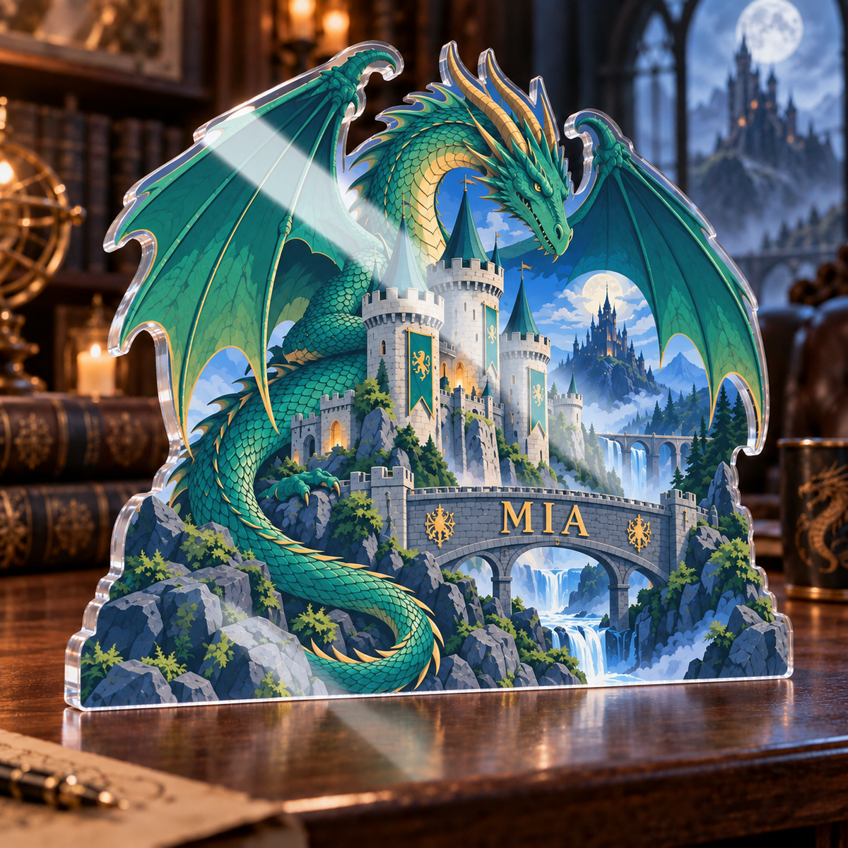 Artwork visualization: Dragon castle — home office backdrop, personalized MIA, subject-shaped acrylic with printed optical 3D depth; not carved relief.