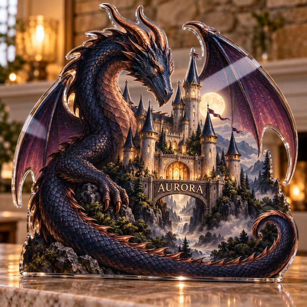 Artwork visualization: Dragon castle — personalized housewarming, personalized AURORA, subject-shaped acrylic with printed optical 3D depth; not carved relief.