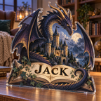 Artwork visualization: Dragon castle — quiet corner decoration, personalized JACK, subject-shaped acrylic with printed optical 3D depth; not carved relief.
