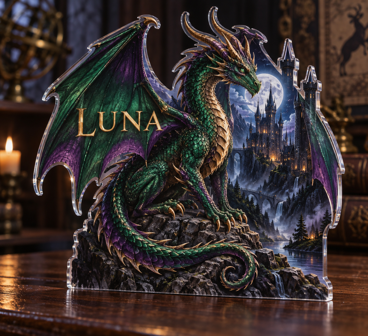 Artwork visualization: Dragon castle — collector birthday keepsake, personalized LUNA, subject-shaped acrylic with printed optical 3D depth; not carved relief.