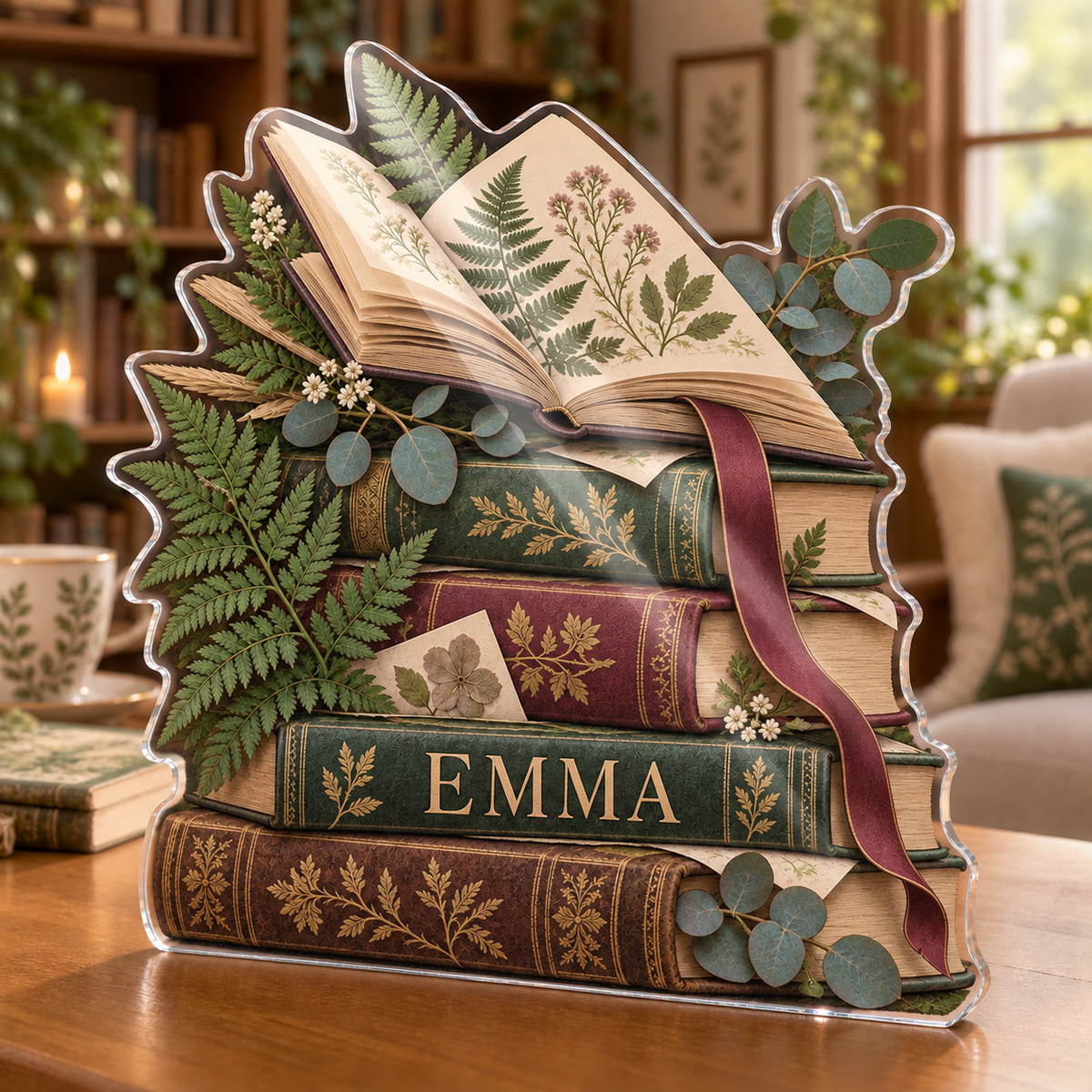 Artwork visualization: Botanical book stack — reading nook decor, personalized EMMA, subject-shaped acrylic with printed optical 3D depth; not carved relief.