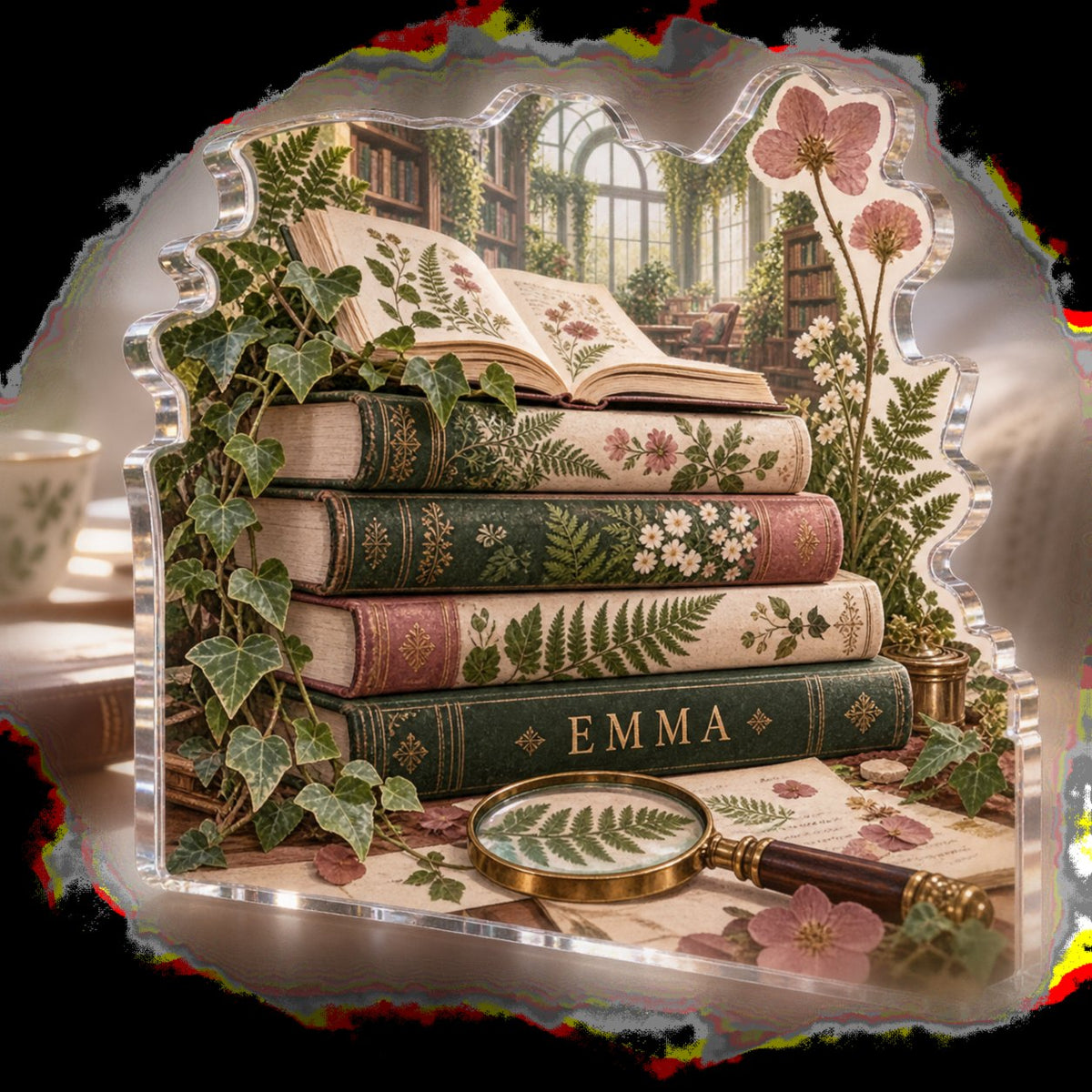 Personalized Botanical Book Stack Bedroom Statement Decor custom shape acrylic plaque with an example name set into the artwork, digital preview