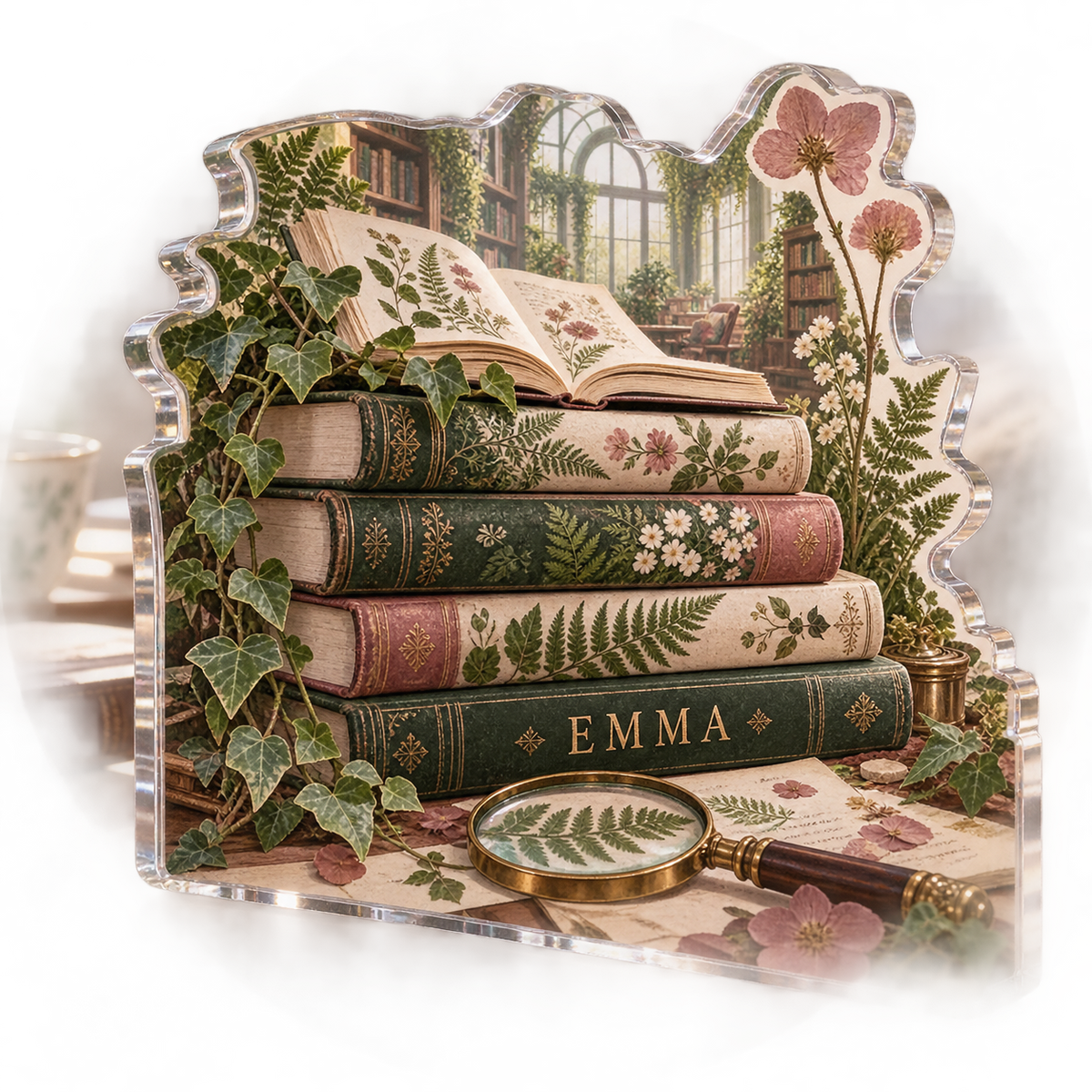 Artwork visualization: Botanical book stack — bedroom statement decor, personalized EMMA, subject-shaped acrylic with printed optical 3D depth; not carved relief.