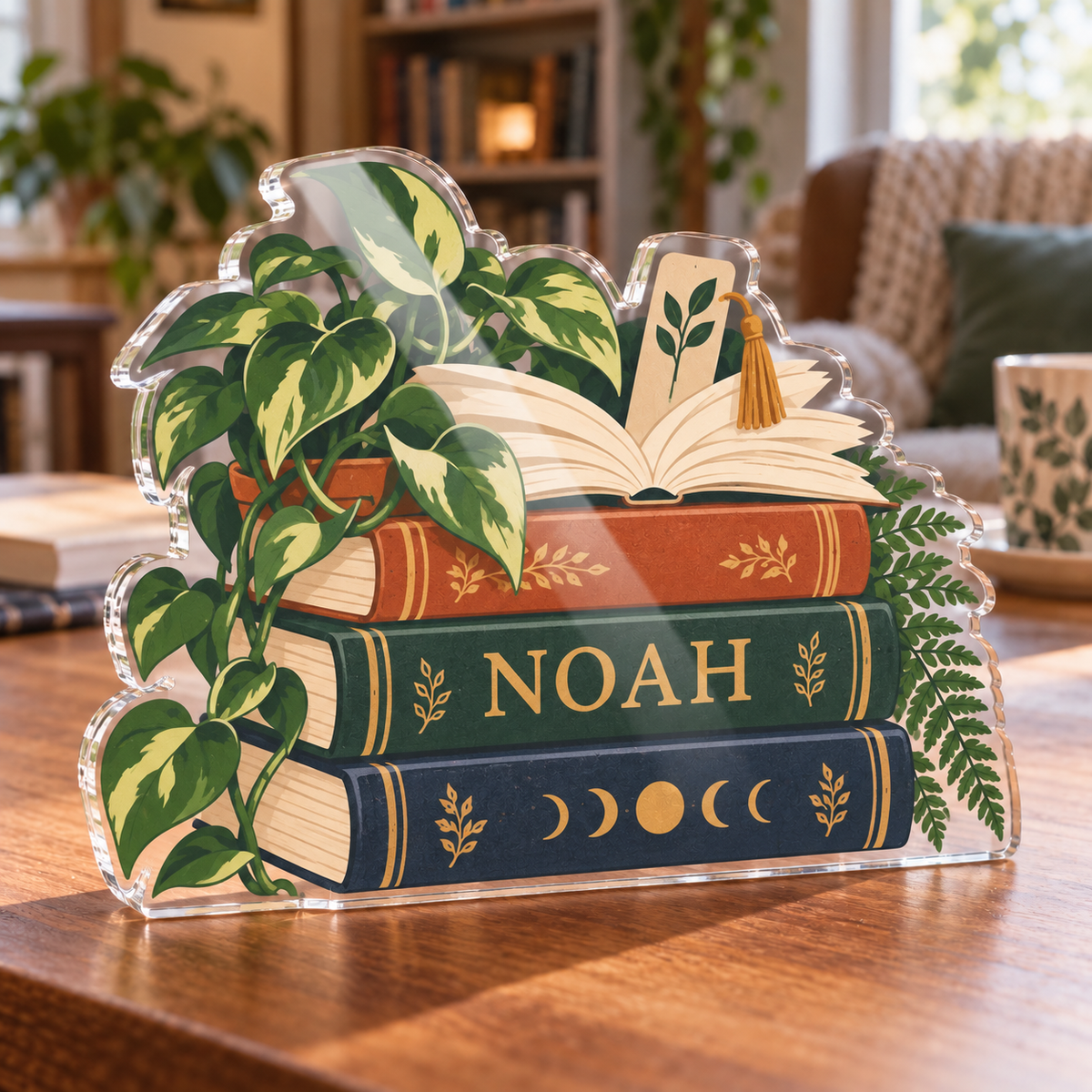 Artwork visualization: Botanical book stack — personalized housewarming, personalized NOAH, subject-shaped acrylic with printed optical 3D depth; not carved relief.