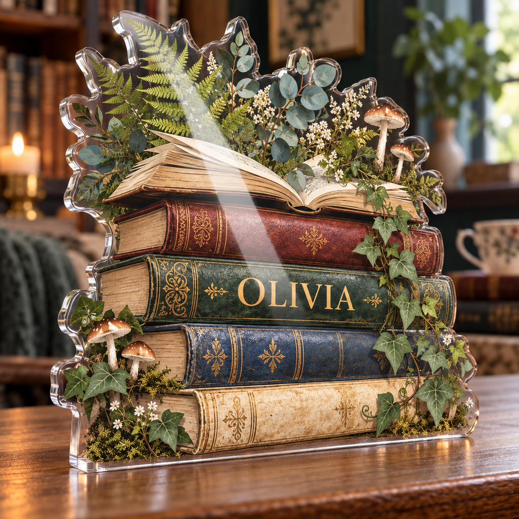 Artwork visualization: Botanical book stack — quiet corner decoration, personalized OLIVIA, subject-shaped acrylic with printed optical 3D depth; not carved relief.