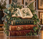Artwork visualization: Botanical book stack — apartment gallery wall, personalized OLIVIA, subject-shaped acrylic with printed optical 3D depth; not carved relief.