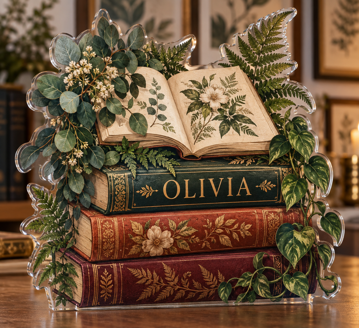 Artwork visualization: Botanical book stack — apartment gallery wall, personalized OLIVIA, subject-shaped acrylic with printed optical 3D depth; not carved relief.