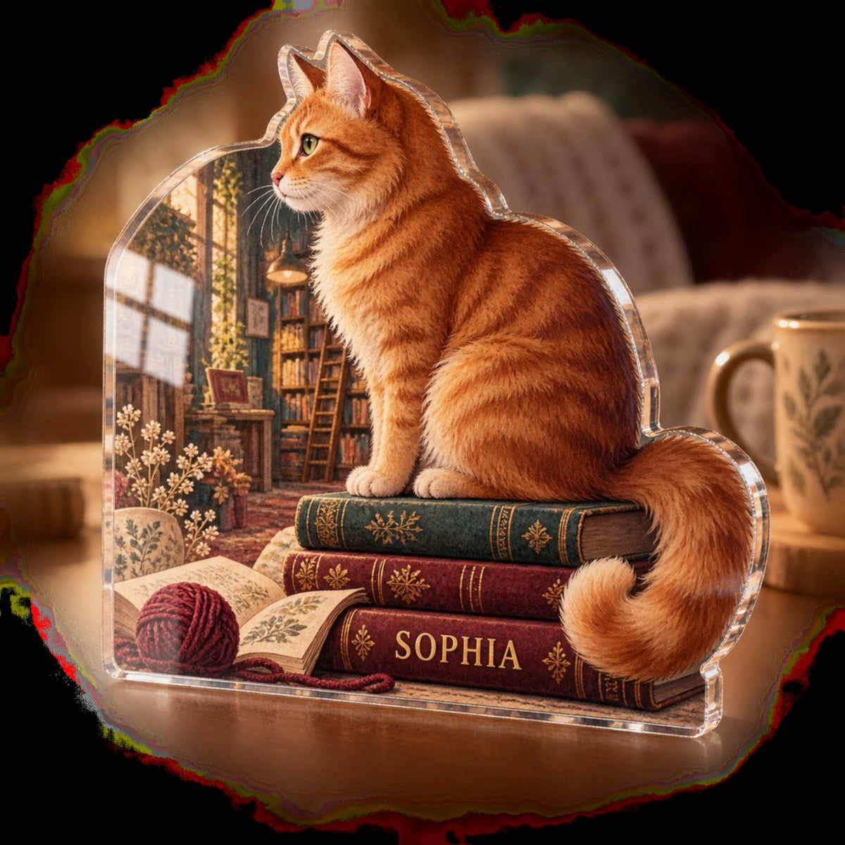 Personalized Cat In A Bookshop Reading Nook Decor custom shape acrylic plaque with an example name set into the artwork, digital preview