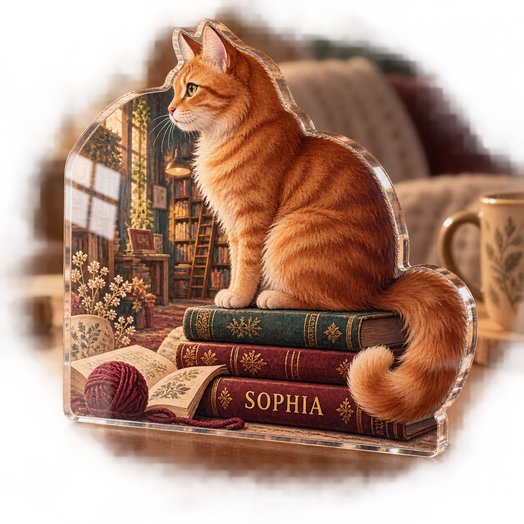 Artwork visualization: Cat in a bookshop — reading nook decor, personalized SOPHIA, subject-shaped acrylic with printed optical 3D depth; not carved relief.