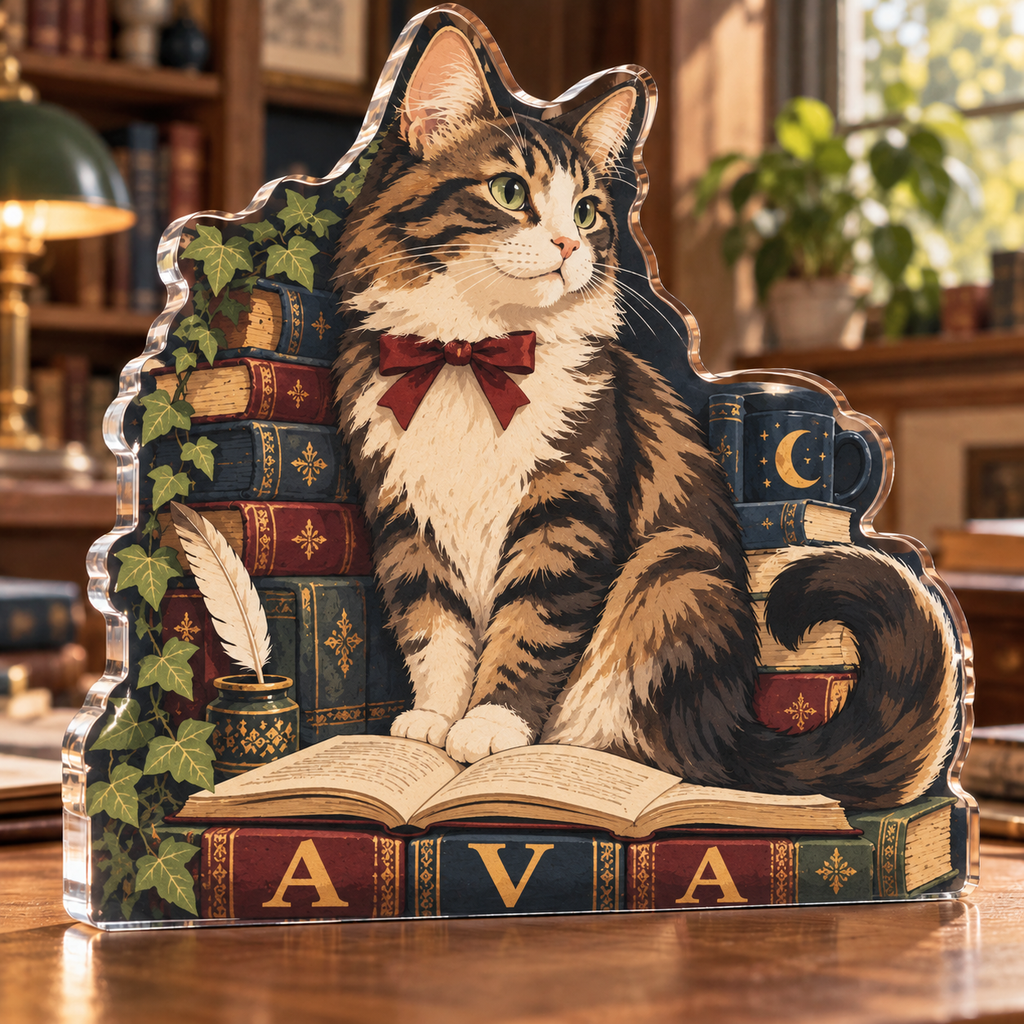 Artwork visualization: Cat in a bookshop — home office backdrop, personalized AVA, subject-shaped acrylic with printed optical 3D depth; not carved relief.