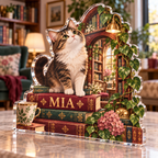 Artwork visualization: Cat in a bookshop — personalized housewarming, personalized MIA, subject-shaped acrylic with printed optical 3D depth; not carved relief.