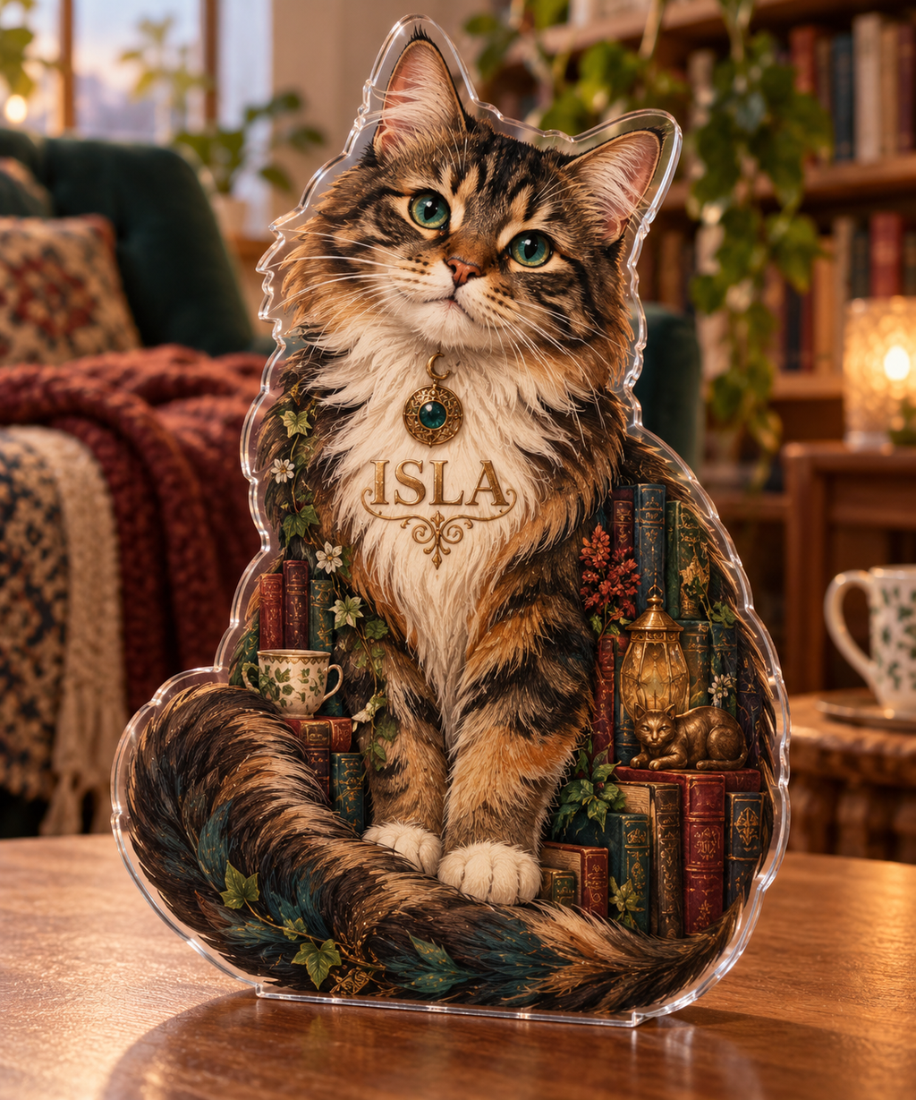 Artwork visualization: Cat in a bookshop — apartment gallery wall, personalized ISLA, subject-shaped acrylic with printed optical 3D depth; not carved relief.