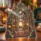 Artwork visualization: Enchanted library arch — reading nook decor, personalized SOPHIA, subject-shaped acrylic with printed optical 3D depth; not carved relief.