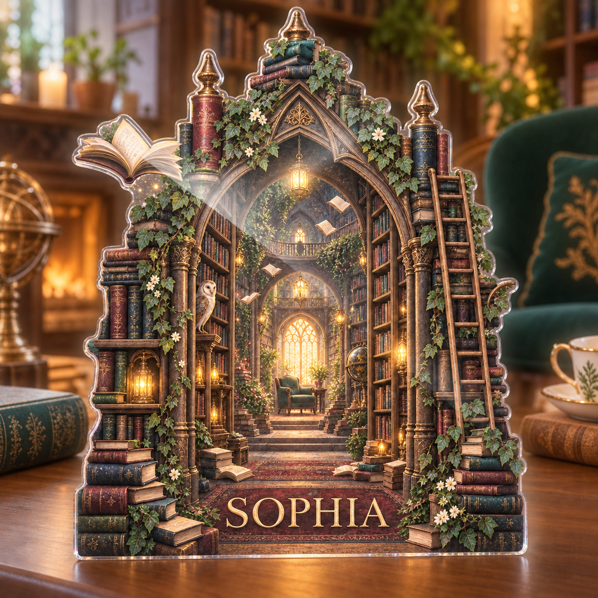 Artwork visualization: Enchanted library arch — reading nook decor, personalized SOPHIA, subject-shaped acrylic with printed optical 3D depth; not carved relief.