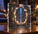 Artwork visualization: Enchanted library arch — bedroom statement decor, personalized MIA, subject-shaped acrylic with printed optical 3D depth; not carved relief.